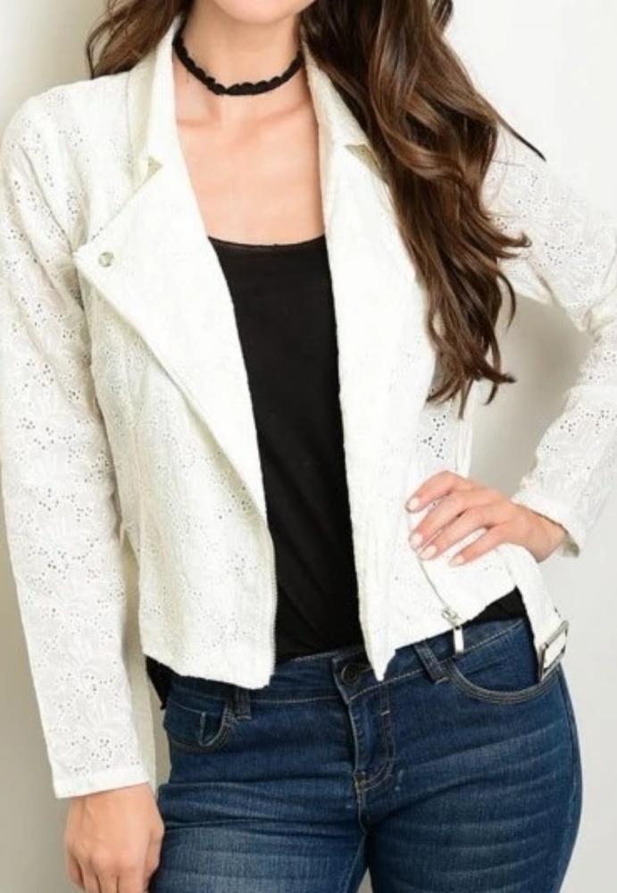Off White Floral Lace Moto Jacket